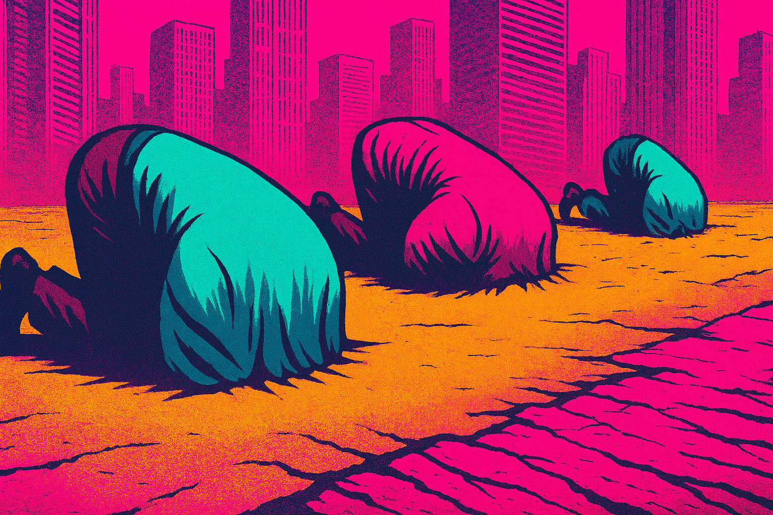 Three IT professionals kneeling on all fours with their heads buried in bright yellow sand, set in a dystopian cityscape with hot pink, teal, orange, and yellow tones. Neon-lit buildings tower in the background, evoking a surreal, retro-futuristic atmosphere that symbolizes willful ignorance of systemic tech failures.