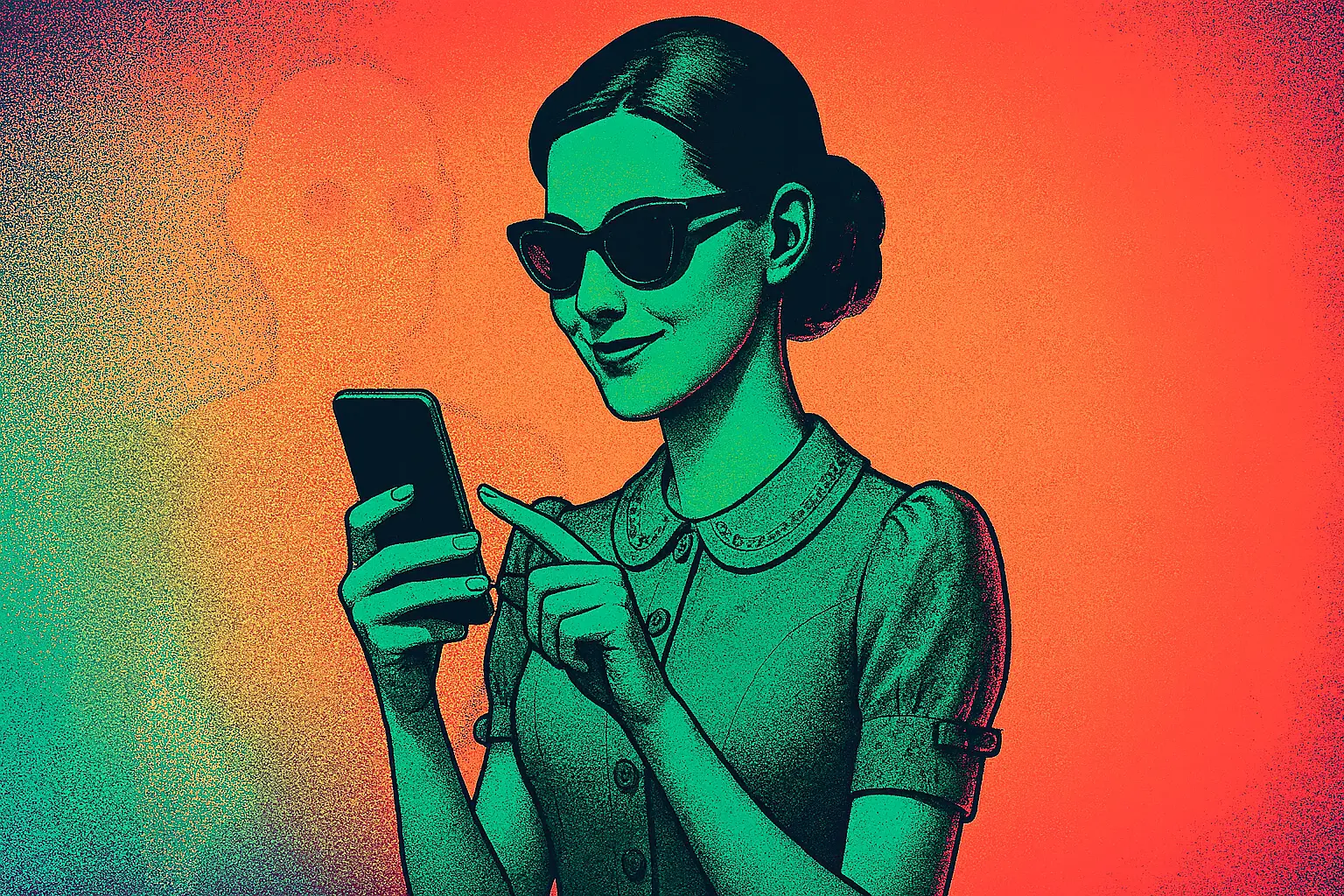 Stylish Retro Woman Using Smartphone â Vintage Pop Art Portrait in Teal, Pink, and Orange