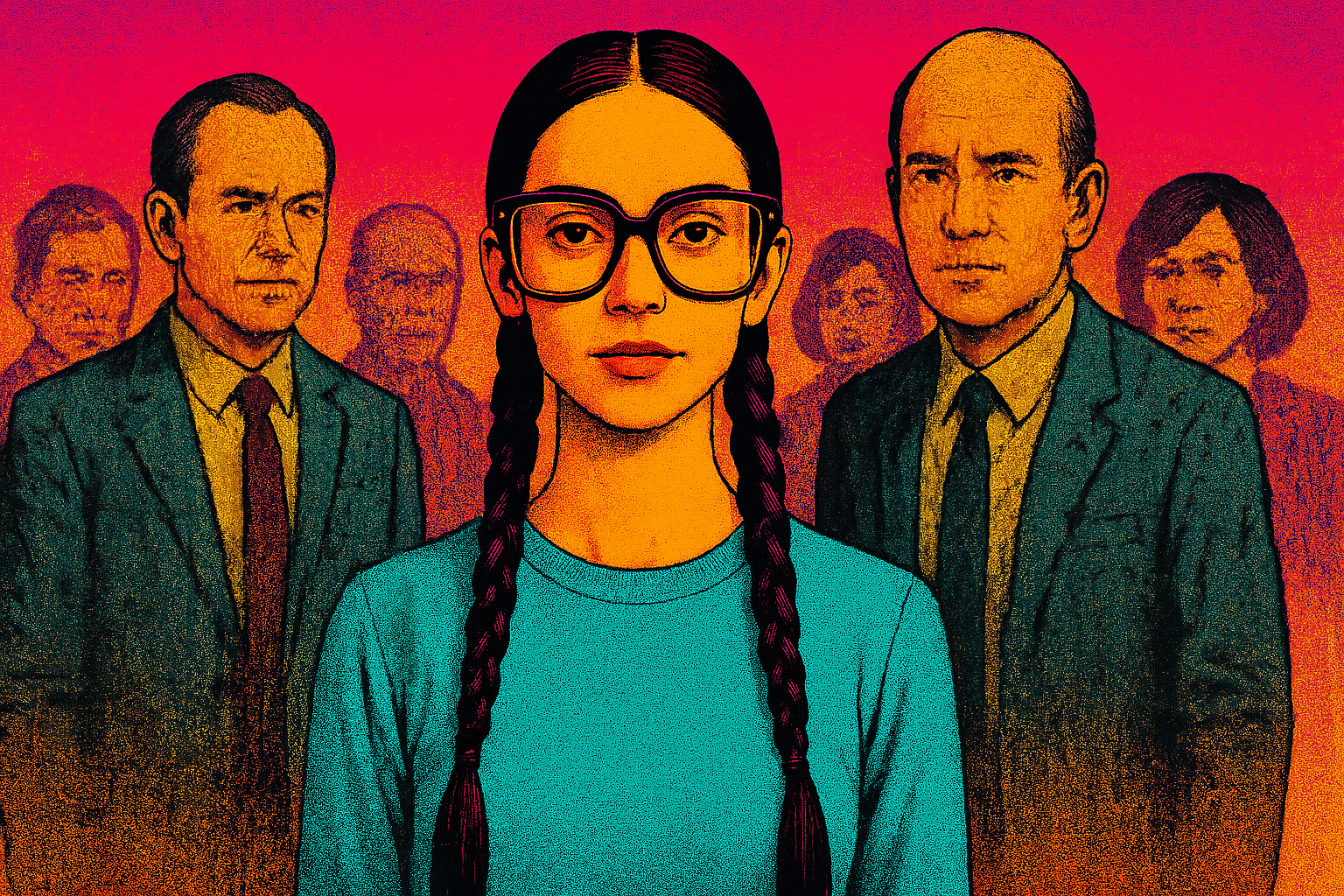 A confident young woman with long, braided dark hair and oversized, square-framed black glasses stands centered in the image. She wears a turquoise blazer and black pants, set against a vibrant magenta-to-orange gradient background. Surrounding her are four business-dressed individuals representing investors. Their body language is neutral or stern, while the woman maintains a calm, composed demeanor. The style is bold and retro, with grainy halftone textures and high-contrast pop-art colors reminiscent of 1980s comic book covers.